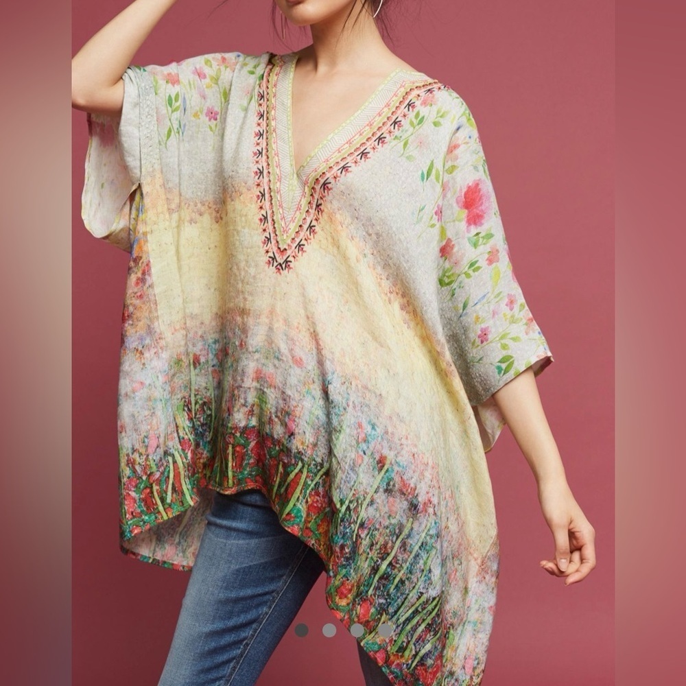 Anthropology Bl-nk Beaded 100% Linen Poncho O/S like new condition - Picture 1 of 9